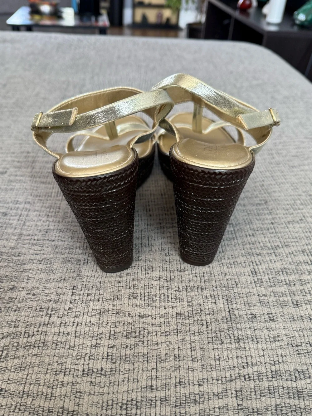 Gold and Brown Strapped High Heeled Wedge Sandals by Italian Shoemakers Size 9